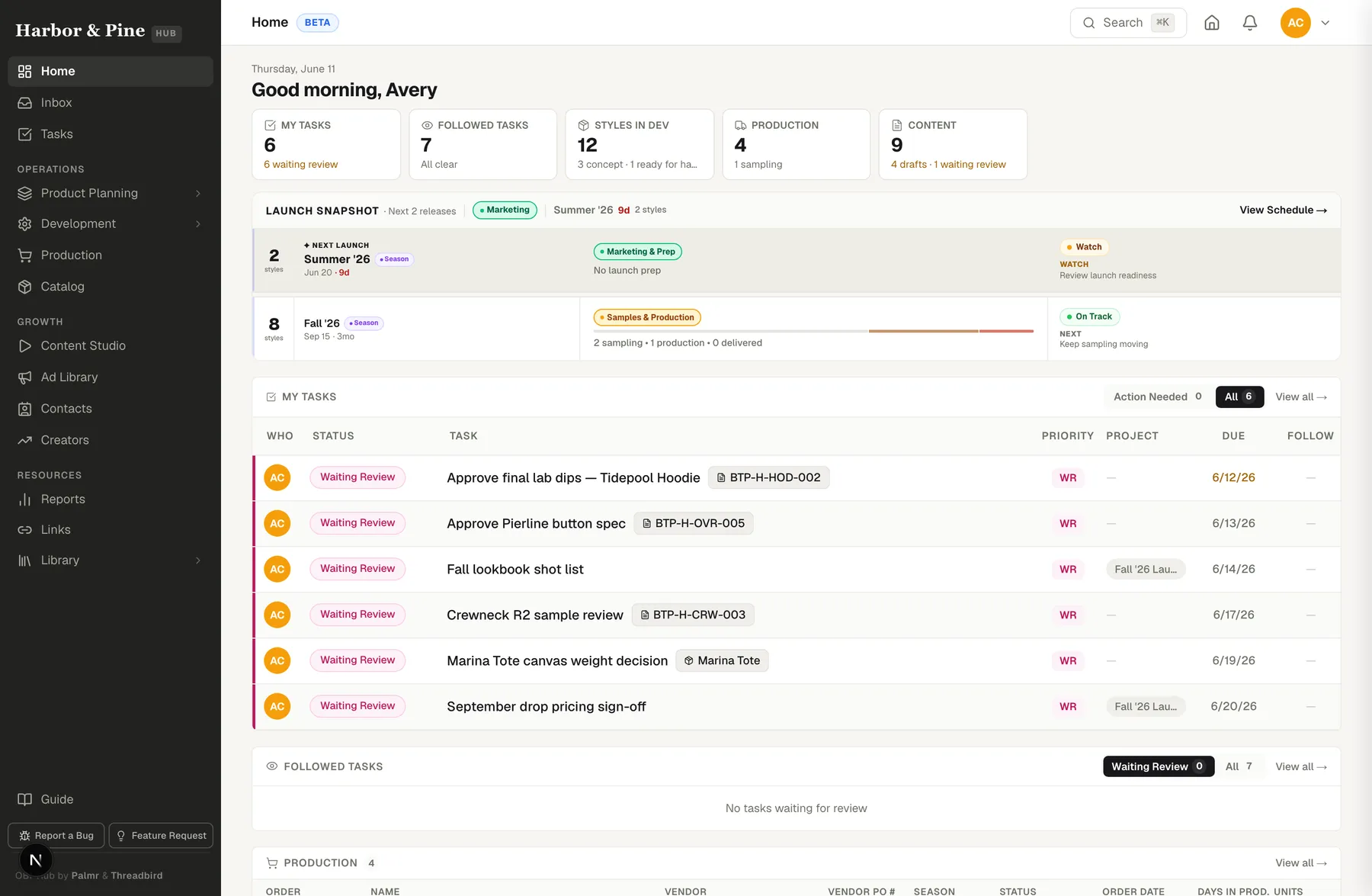 OBI-Hub home dashboard with launch snapshot, tasks, and production status