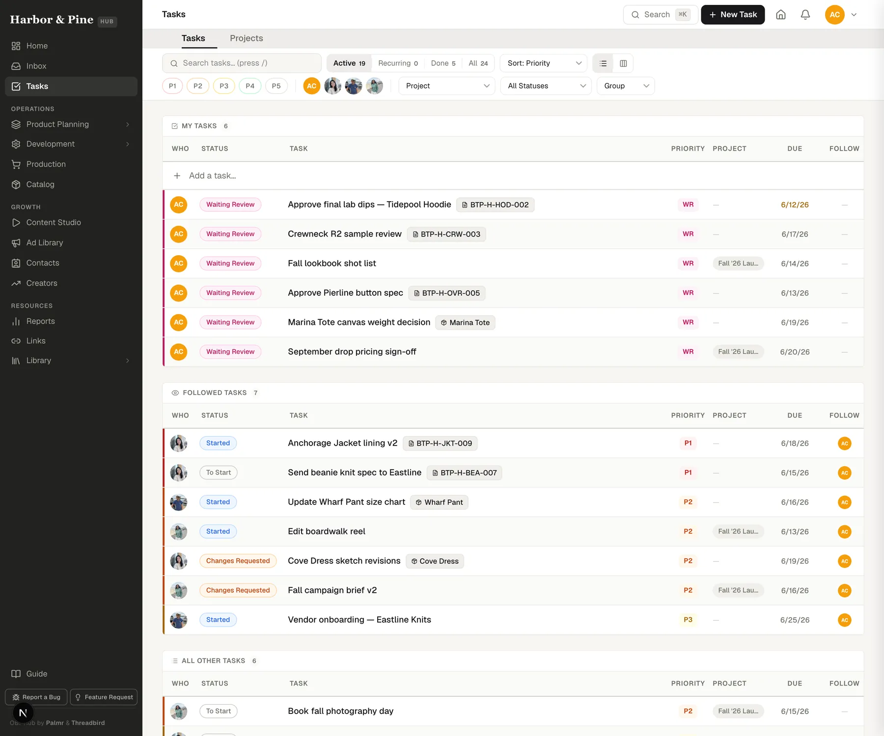 OBI-Hub tasks view with statuses, priorities, and linked projects