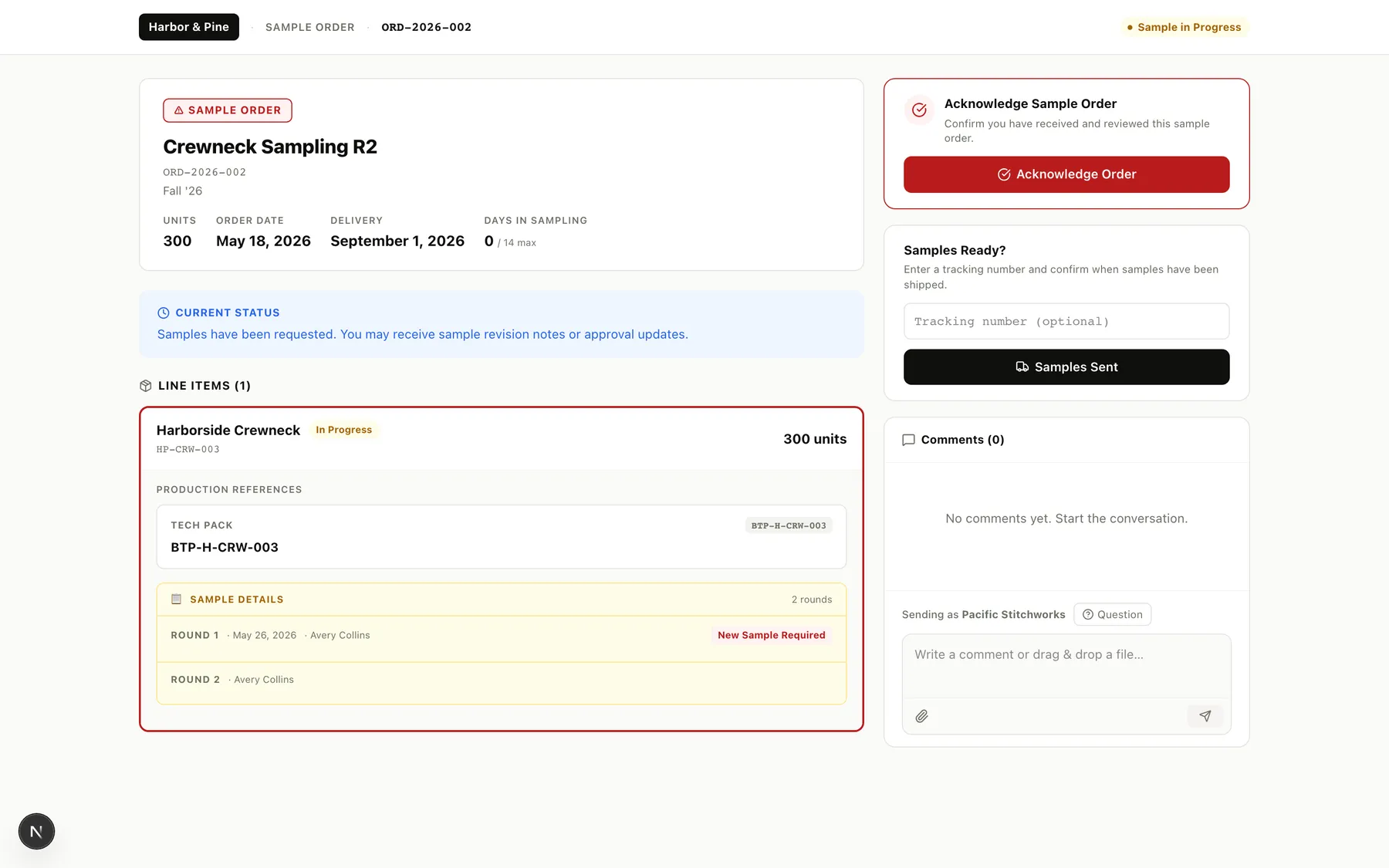Shared production order with line items, files, and vendor comments
